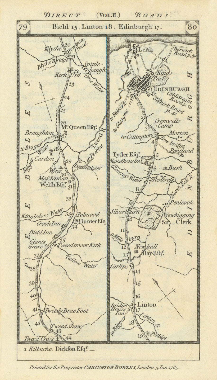 Linton - Edinburgh road strip map PATERSON 1785 old antique plan chart