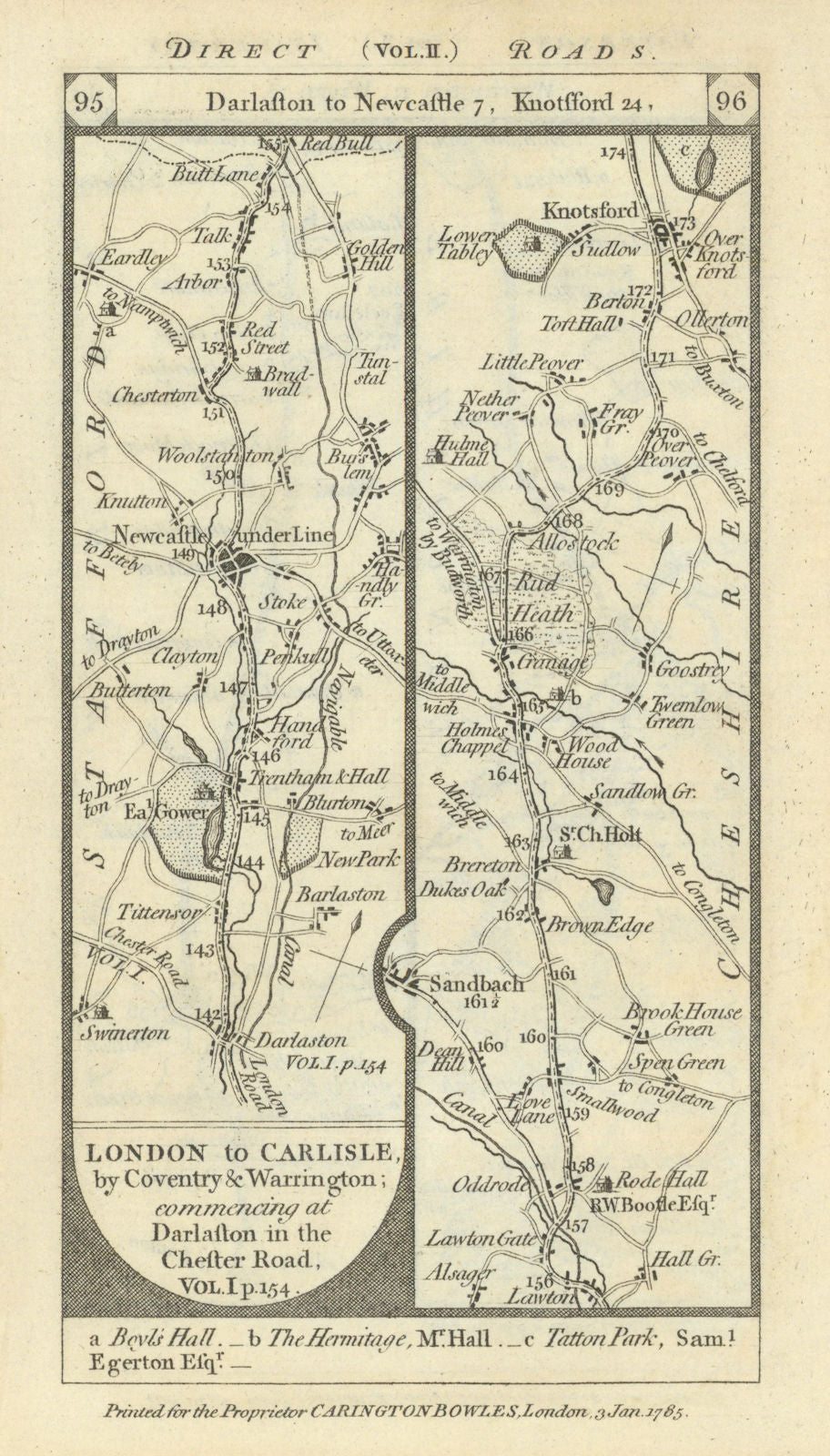 Stafford-Newcastle/Lyme-Stoke/Trent-Knutsford road strip map PATERSON 1785
