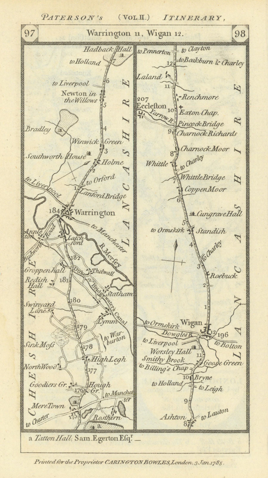 Warrington-Newton-le-Willows-Wigan-Chorley road strip map PATERSON 1785