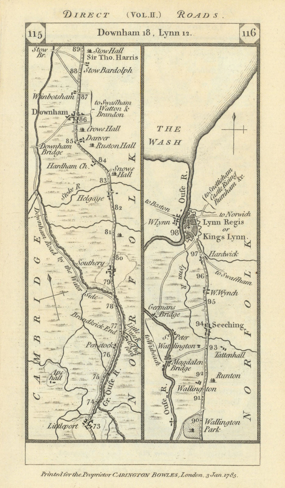 Littleport - Downham Market - King's Lynn road strip map PATERSON 1785 old