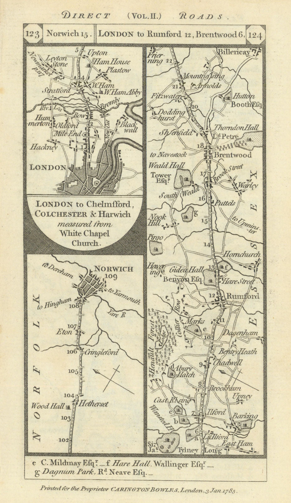 Norwich. West Ham-Romford-Brentwood-Billericay road strip map PATERSON 1785