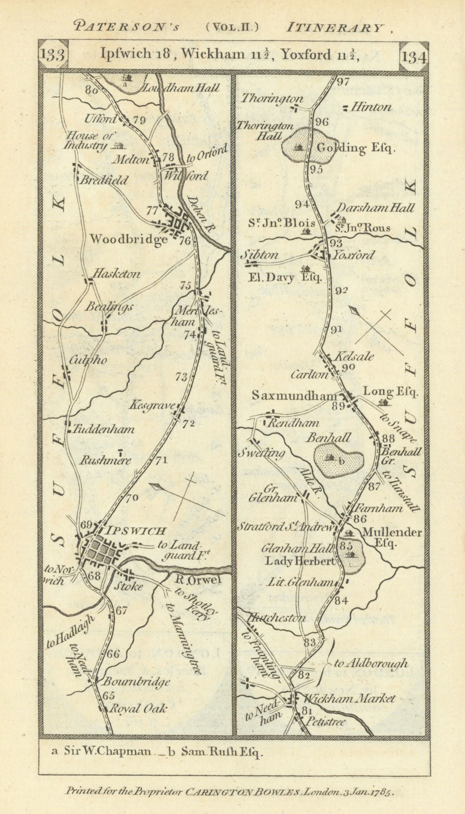 Ipswich-Woodbridge-Wickham Market-Saxmundham road strip map PATERSON 1785