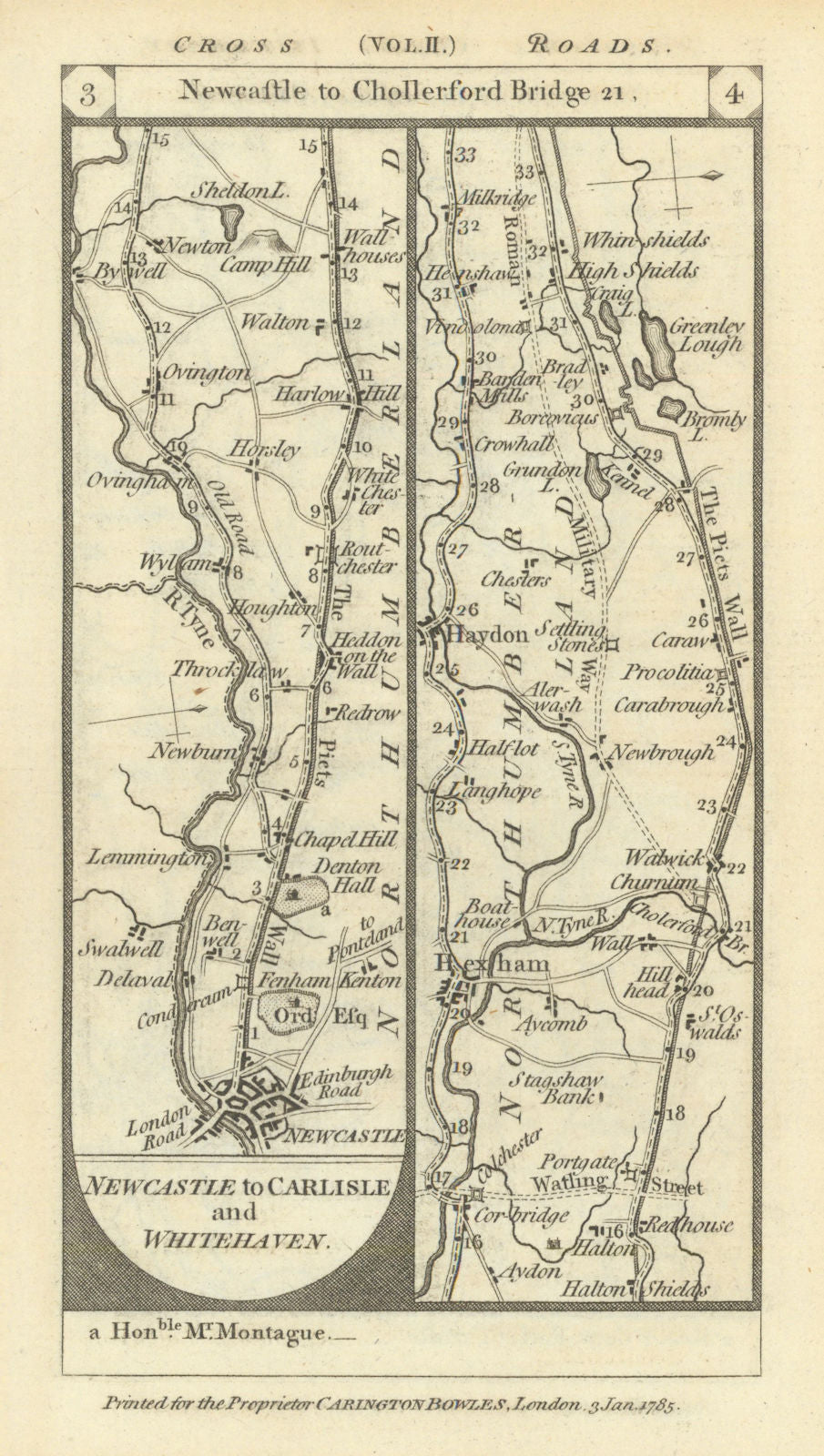 Newcastle-upon-Tyne - Hexham - Haydon Bridge road strip map PATERSON 1785