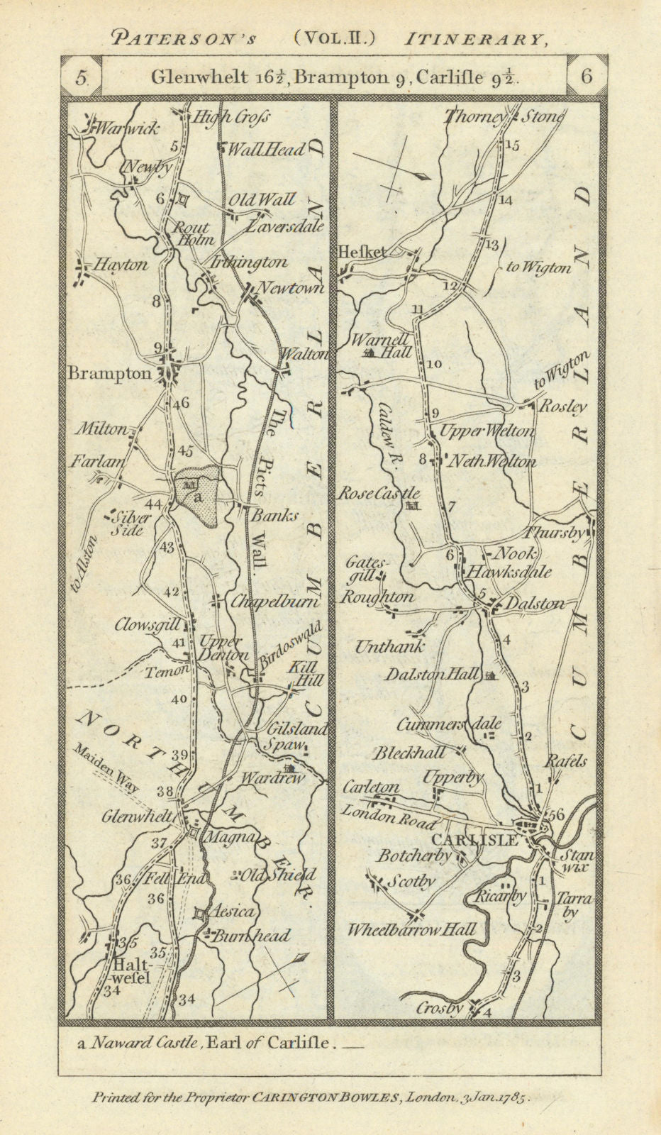 Haltwhistle - Brampton - Carlisle - Dalston road strip map PATERSON 1785