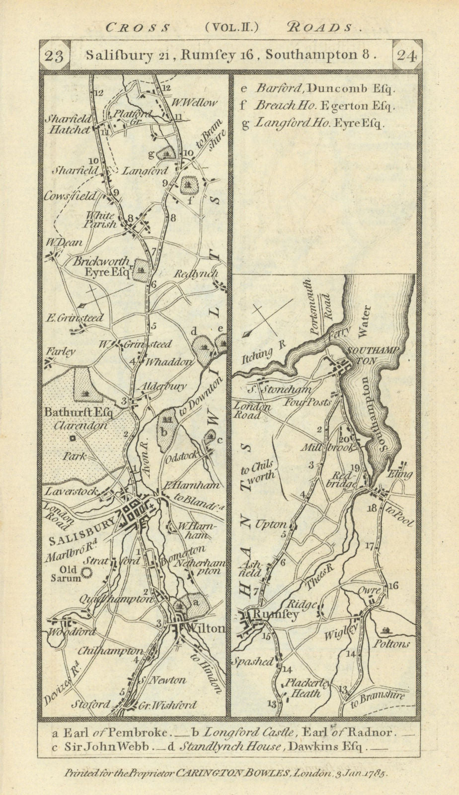 Wilton - Salisbury - Romsey - Southampton road strip map PATERSON 1785 old