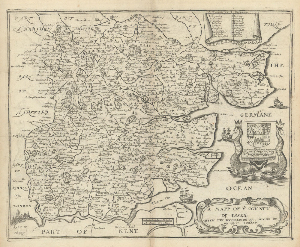 A Mapp of ye County of Essex; with its Hundreds by Richard Blome 1673 old