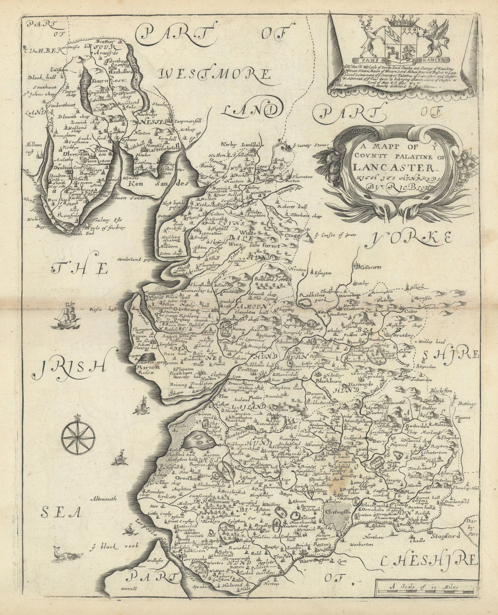 A Mapp of ye County Palatine of Lancaster by Richard Blome 1673 old