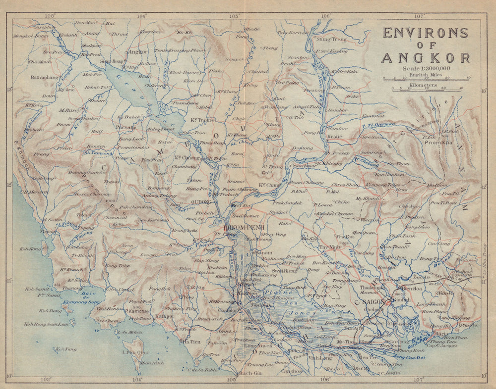 Cambodia & Southern Vietnam. "Environs of Angkor" 1917 old antique map chart