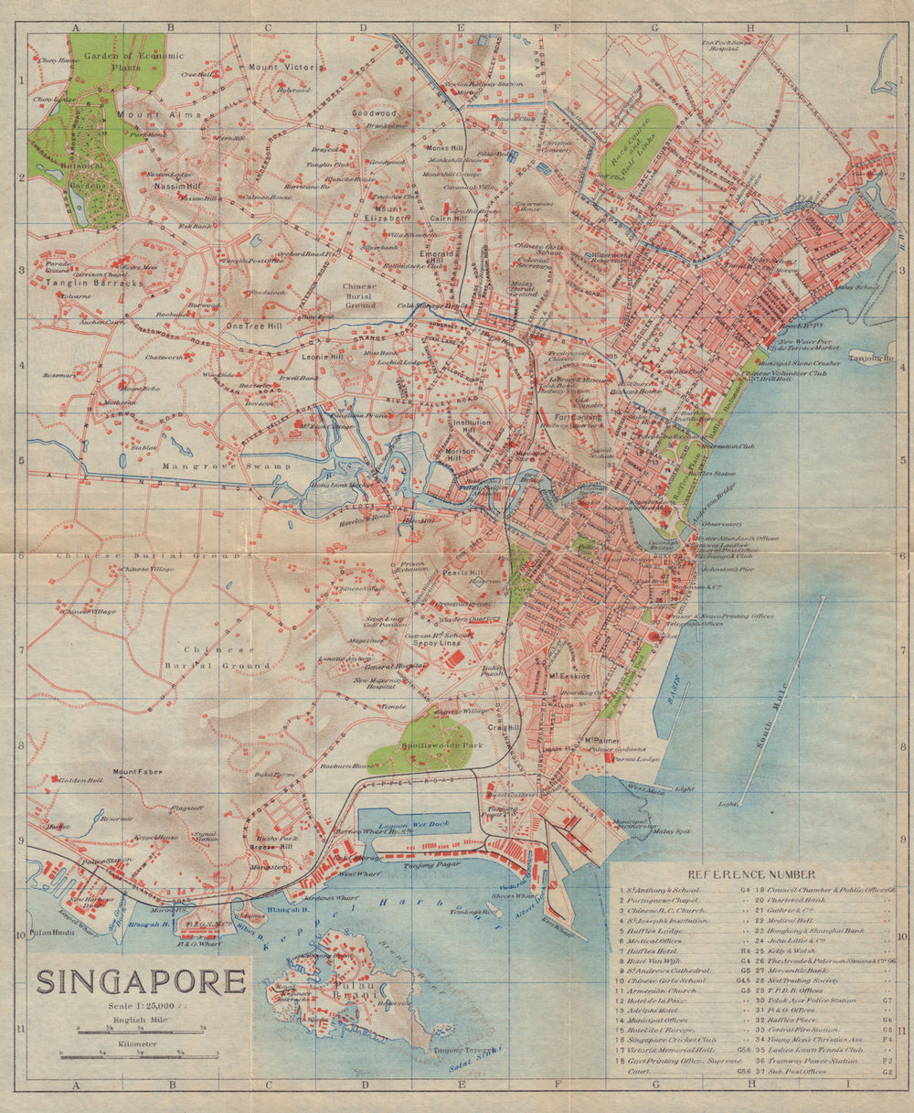 Singapore antique antique town city plan 1917 old map chart