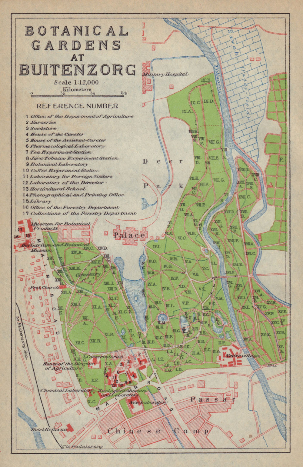 Bogor, West Java. "Botanical Gardens at Buitenzorg". Indonesia 1917 old map