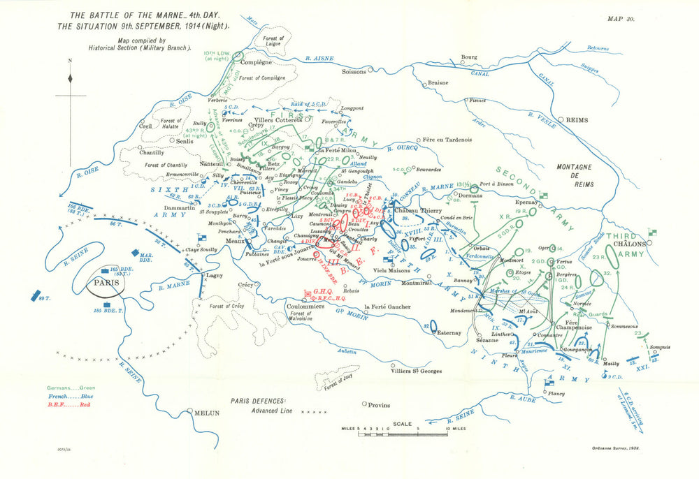 Battle of the Marne. Situation 9th September, 1914 night. WW1. 1933 old map