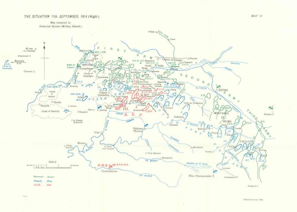 Battle of the Marne. Situation 11th September, 1914 night. WW1. 1933 old map