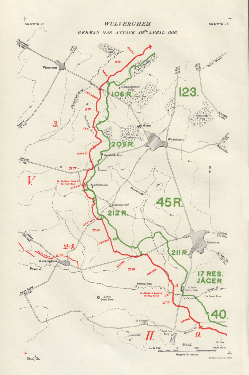 Wulverghem German Gas Attack 30th April 1916. First World War. 1932 old map