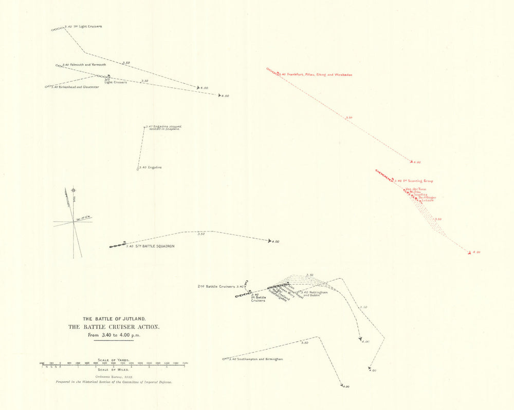 Battle of Jutland. Battle Cruiser Action 3.40-4.00 pm 31 May 1916. WW1. 1923 map
