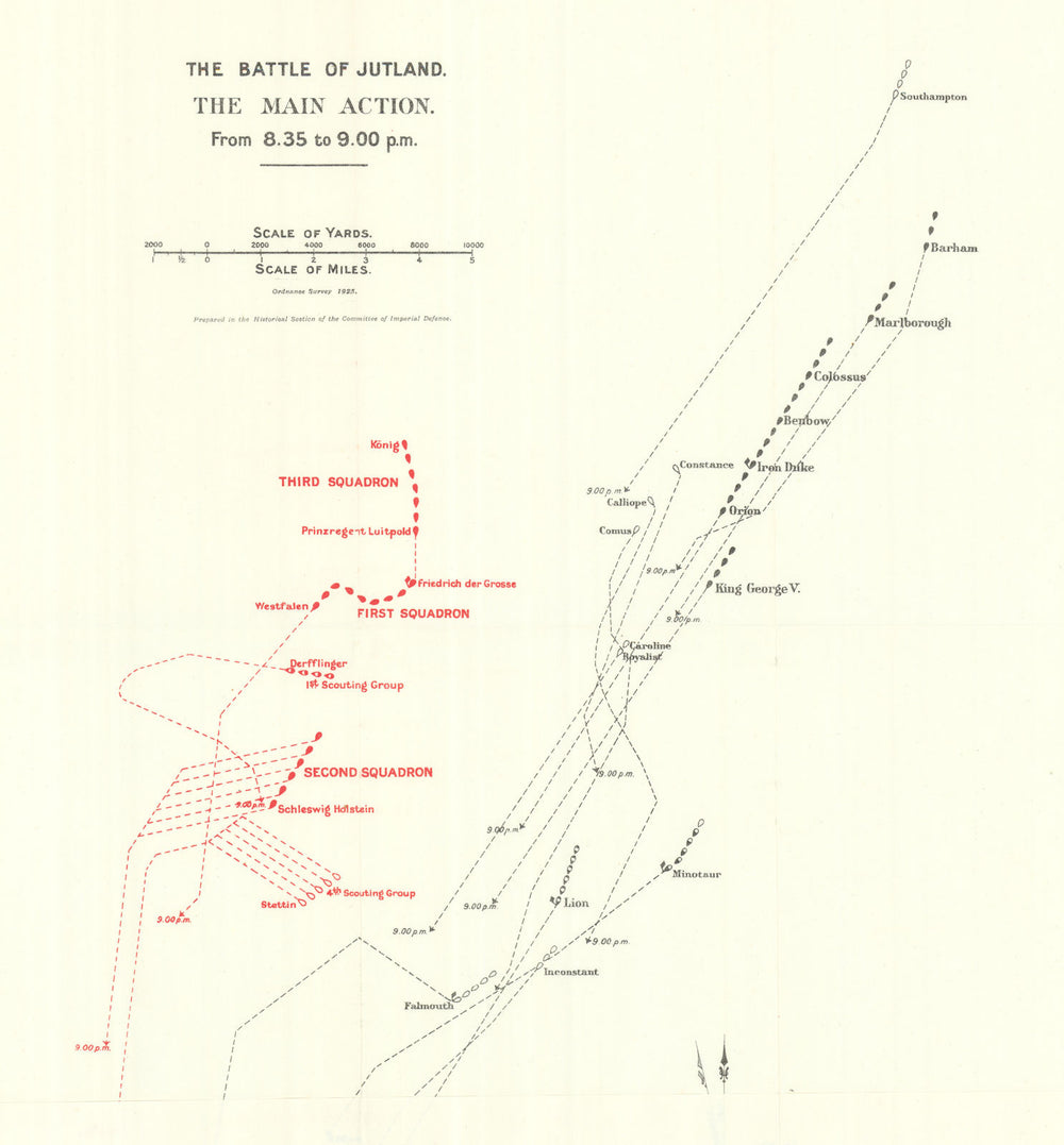 Battle of Jutland. Main Action. 8.35-9.00 pm 31 May 1916. WW1. 1923 old map