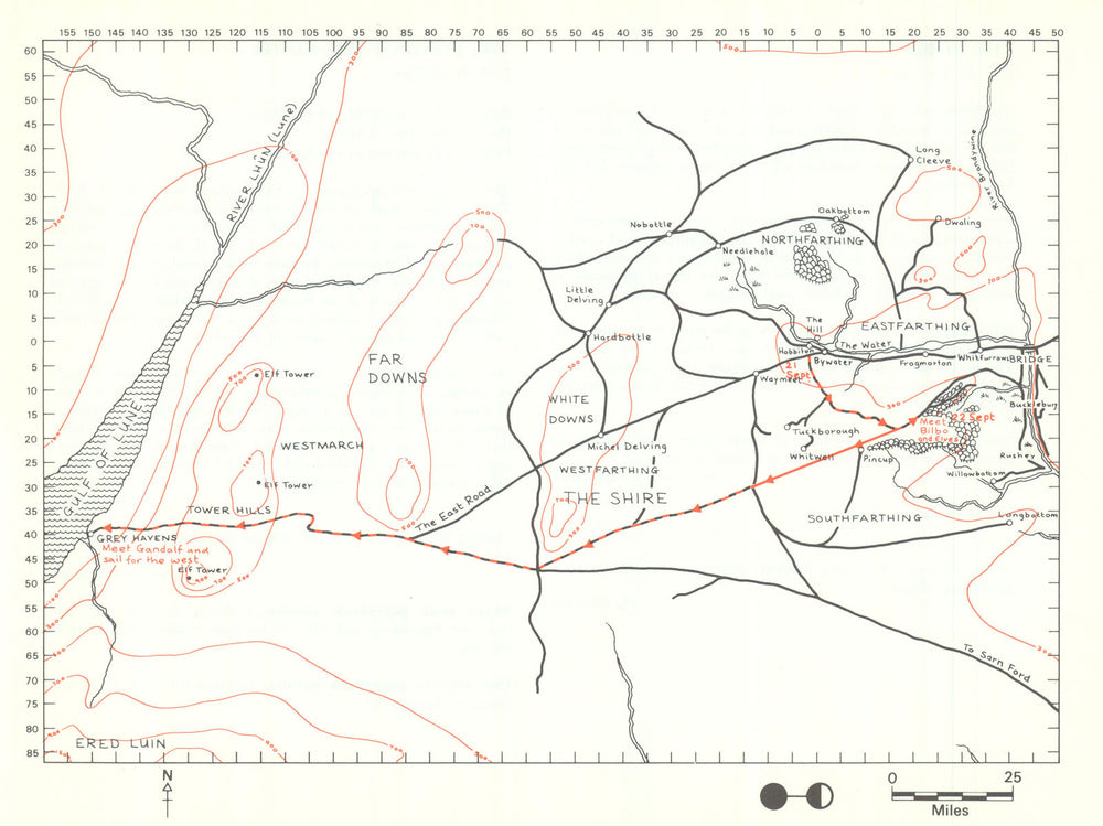 MIDDLE-EARTH The Shire & Grey Havens. Frodo's route. TOLKIEN/STRACHEY 1981 map