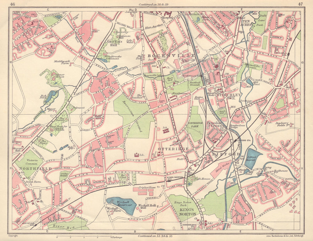 BIRMINGHAM SOUTH WEST Bournville Northfield King's Norton Lifford 1954 old map
