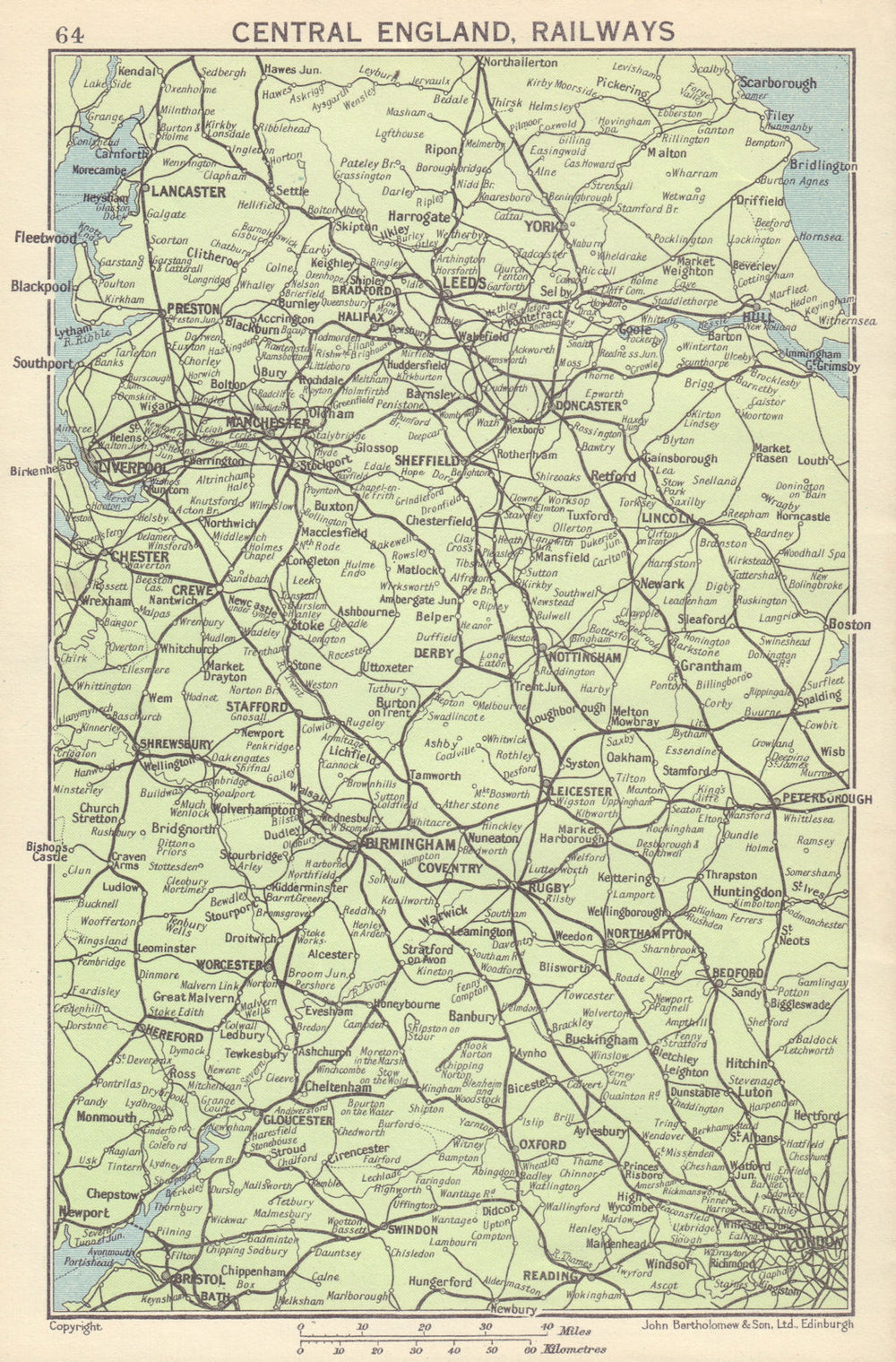 Central England, Railways 1954 old vintage map plan chart