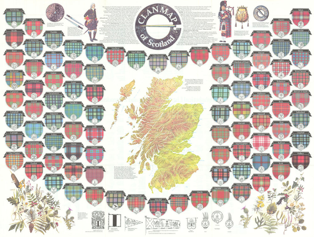 Clan map of Scotland. Tartans. Family crests. 88x66cm BARTHOLOMEW 1984 old