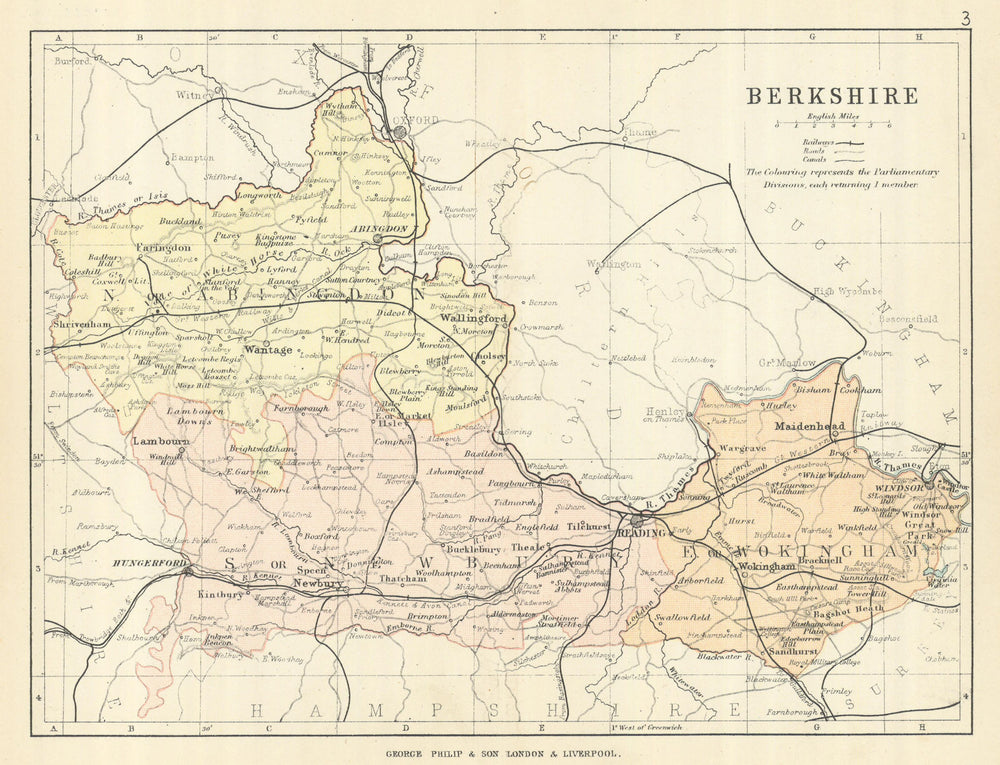 BERKSHIRE. Antique county map. Railways roads canals. PHILIP 1889 old