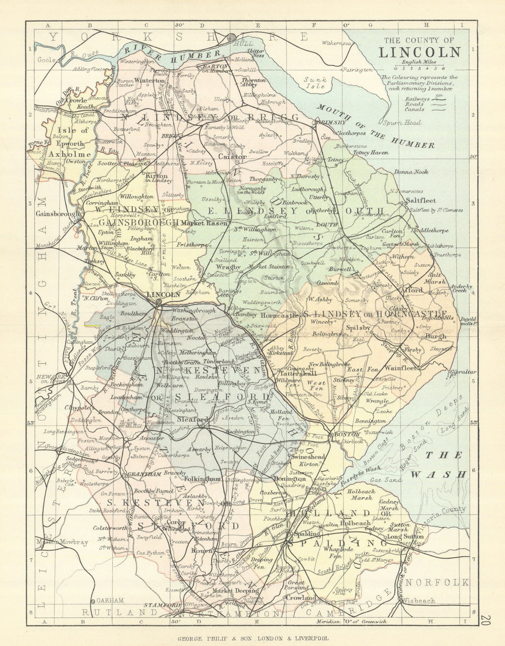 LINCOLNSHIRE. Antique county map. Railways canals. Constituencies. PHILIP 1889