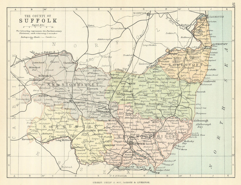 SUFFOLK. Antique county map. Railways roads canals. Constituencies. PHILIP 1889