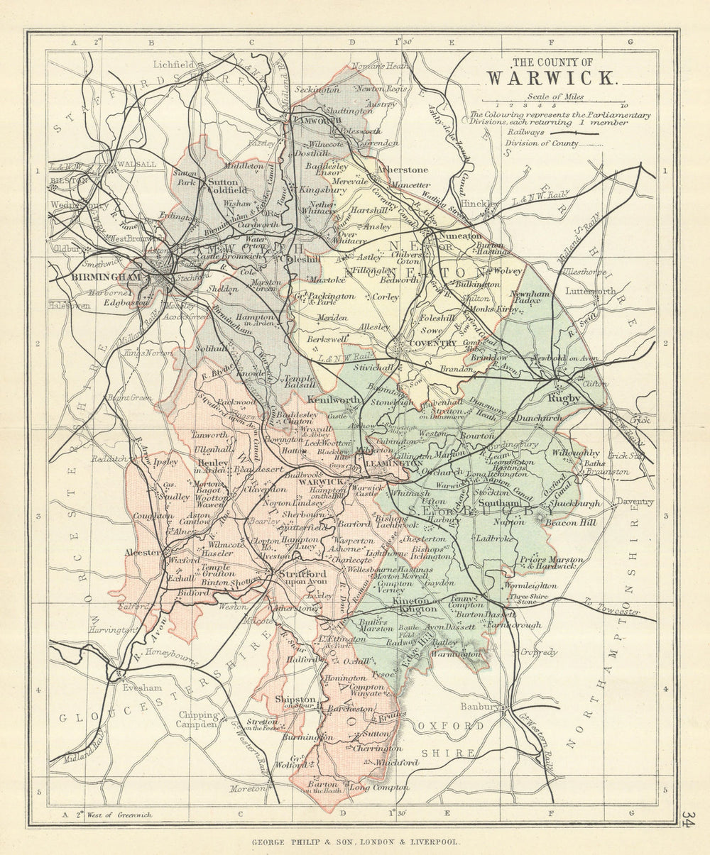 WARWICKSHIRE. Antique county map. Railways. Constituencies. PHILIP 1889
