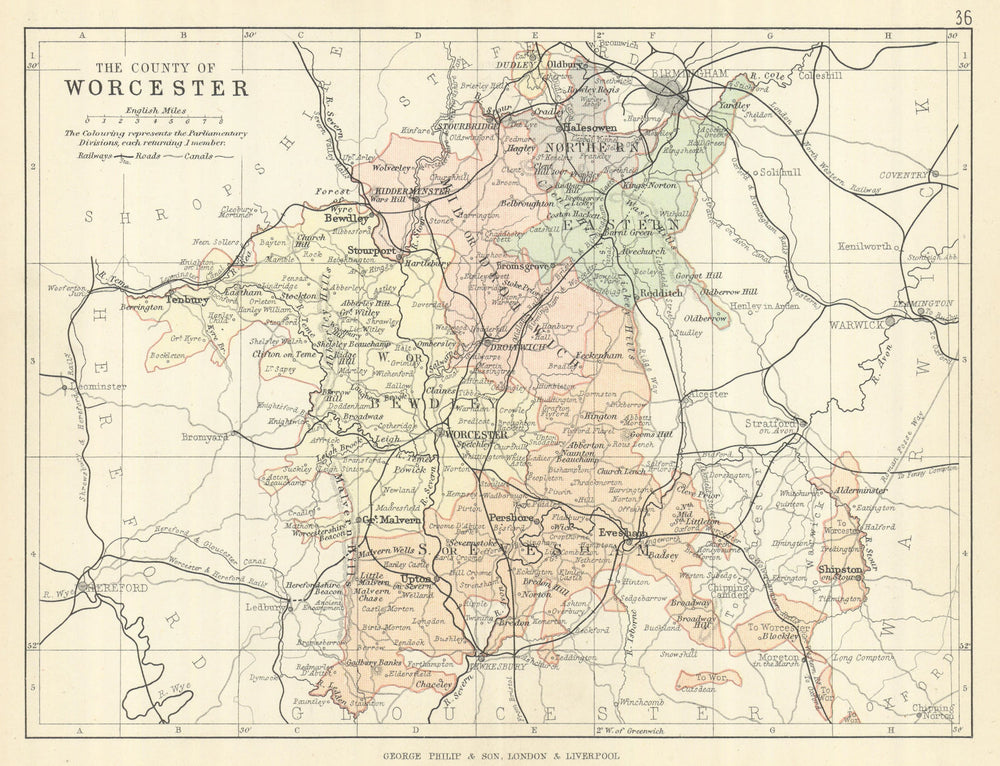 WORCESTERSHIRE. County map. Railways roads canals. Constituencies. PHILIP 1889