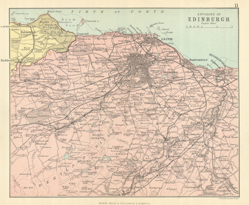 'Environs of Edinburgh'. Parishes. BARTHOLOMEW 1886 old antique map plan chart