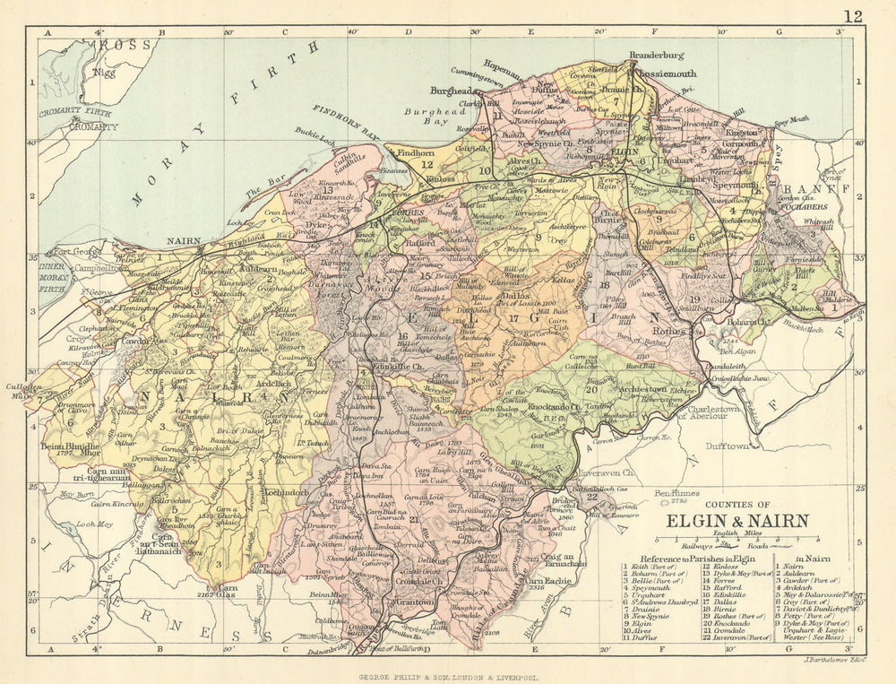 'Counties of Elgin & Nairn'. Elginshire & Nairnshire. BARTHOLOMEW 1886 old map