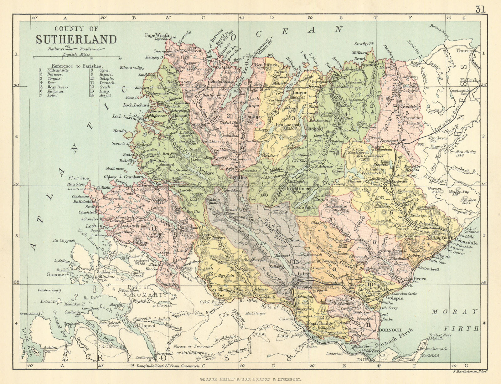 County Of Sutherland Sutherlandshire Parishes BARTHOLOMEW 1886 Old county-of-sutherland-sutherlandshire-parishes-bartholomew-1886-old