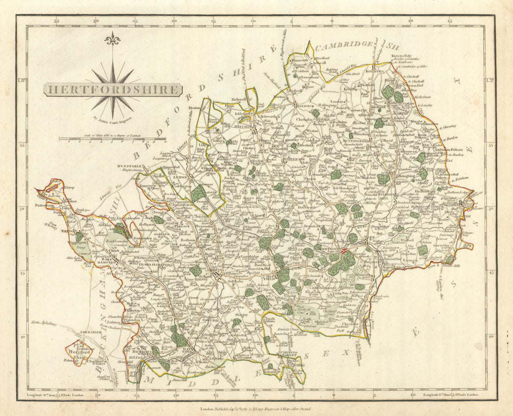 Antique county map of HERTFORDSHIRE by JOHN CARY. Original outline colour 1793