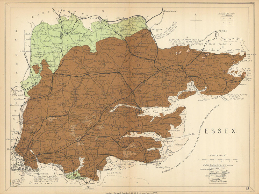 ESSEX Geological map. STANFORD 1904 old antique vintage plan chart