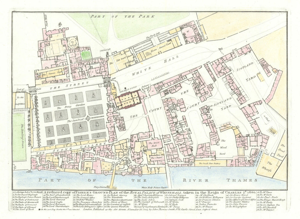 Fisher's Plan of the Royal Palace of Whitehall in 1680. J.T. SMITH 1807 map