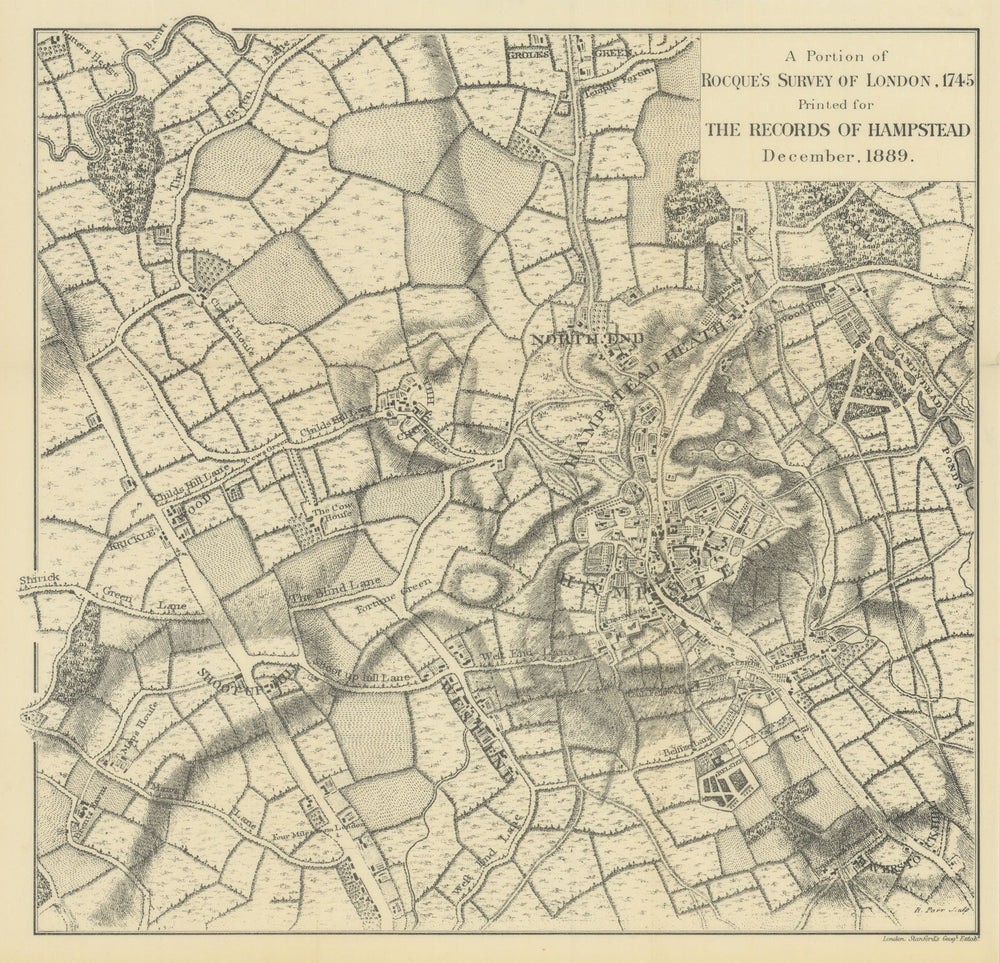 Hampstead. A Portion of Rocque's Survey of London map, 1745. Reprinted 1889