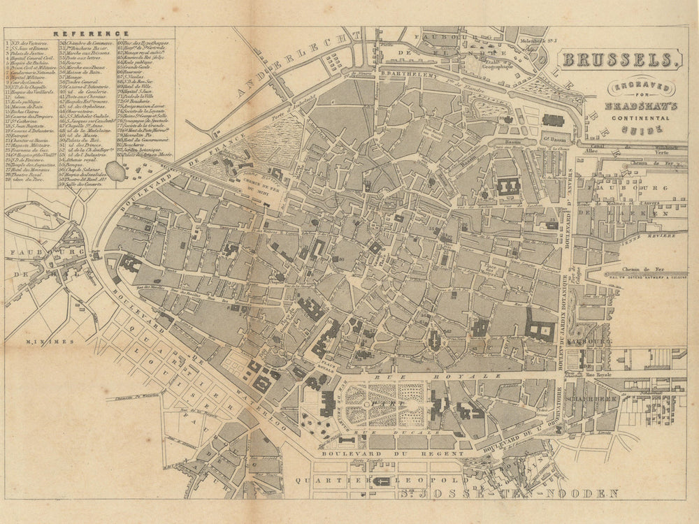 Town city plan of Brussels engraved for Bradshaw's Continental guide c1853 map