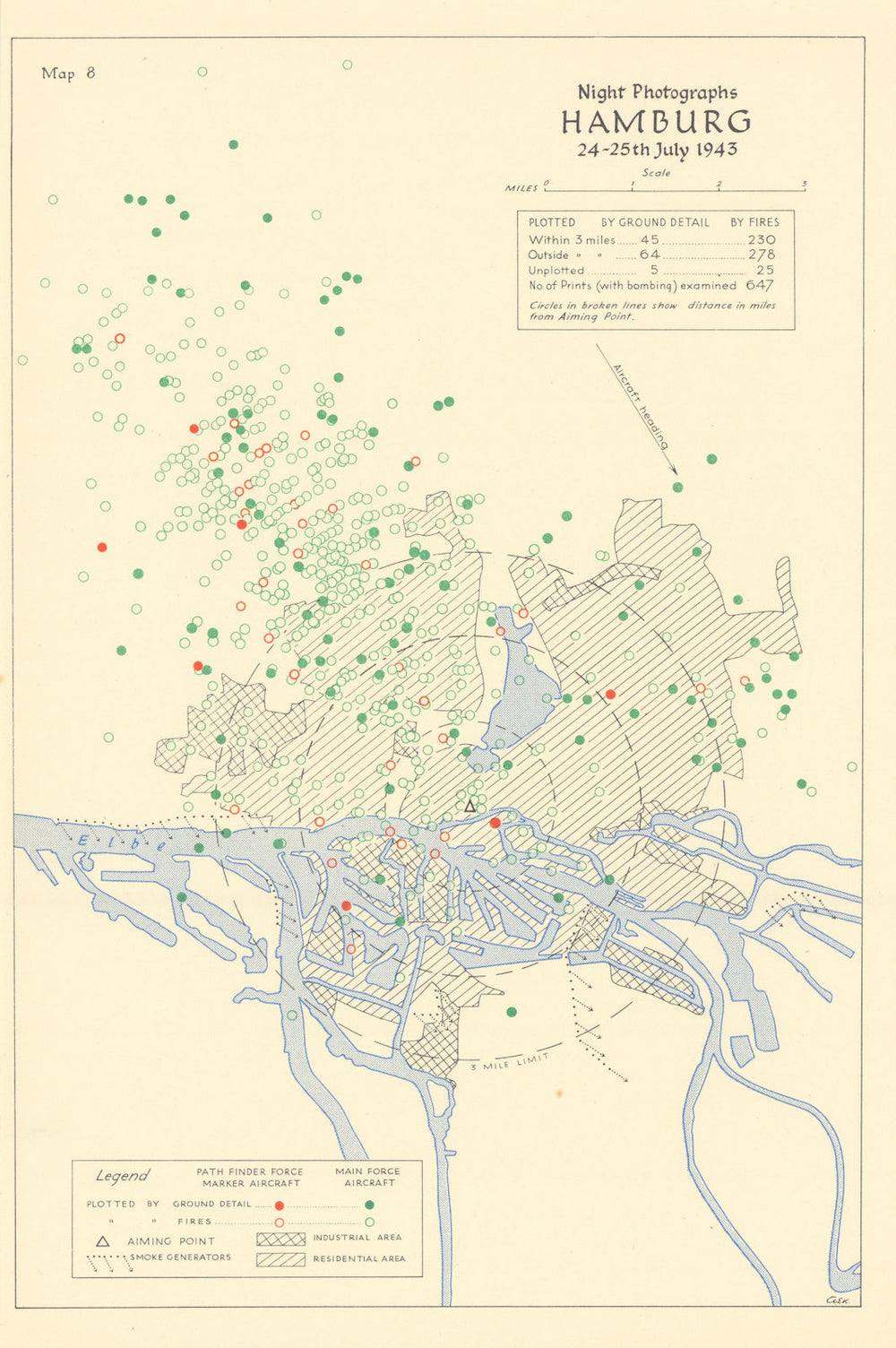 Hamburg 24-25th July 1943 RAF bombing impact assessment. World War Two 1961 map