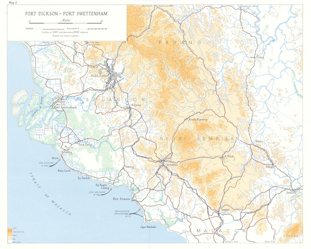 Malaya invasion plan for August 1945. Port Dickson-Swettenham. WW2 1969 map