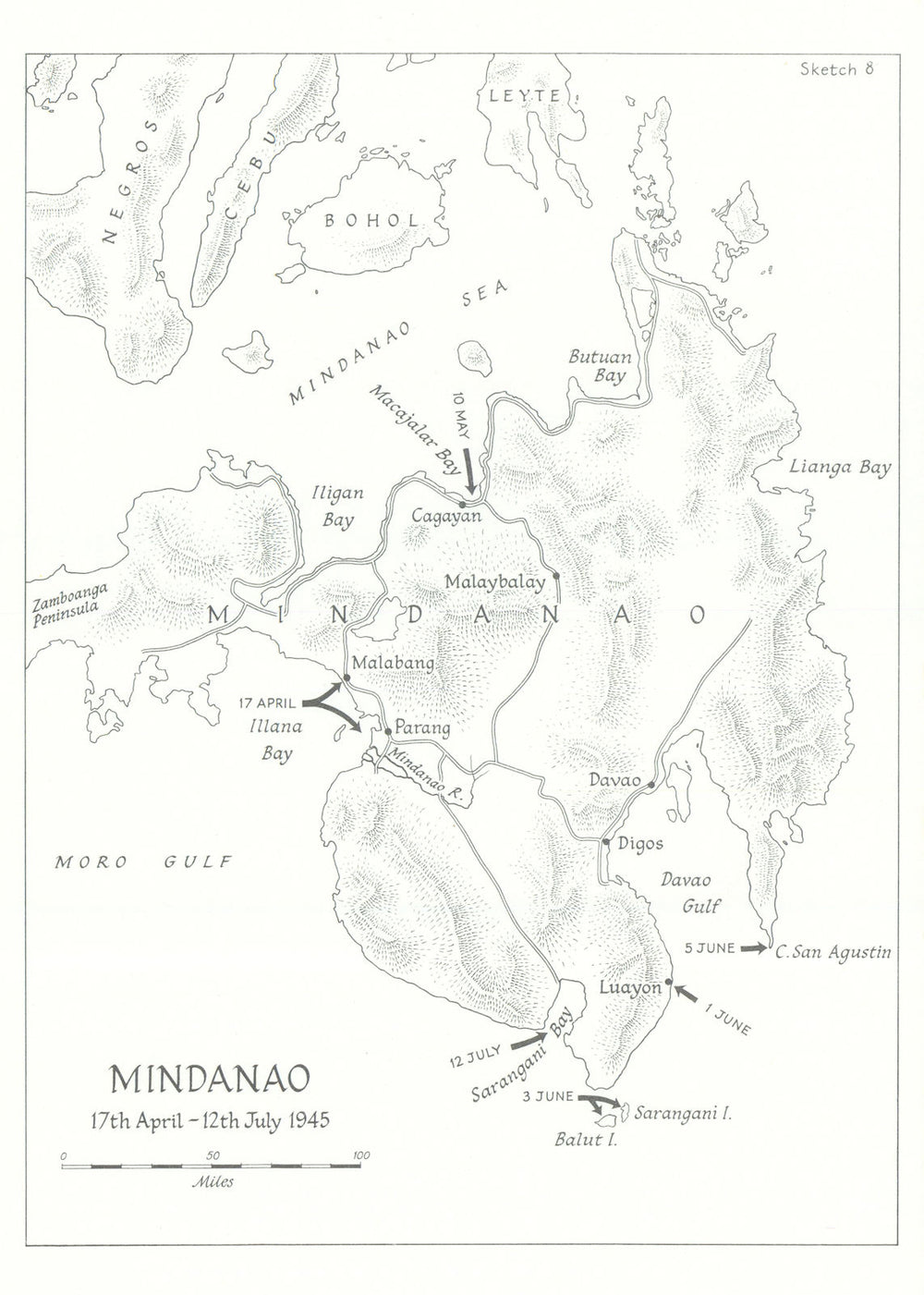 Mindanao landings April-July 1945. Philippines campaign. World War Two 1969 map