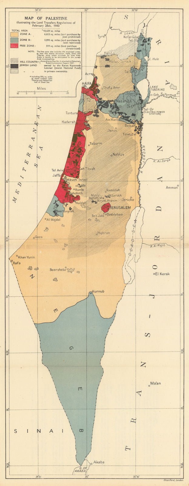 Map of Palestine illustrating the Land Transfer Regulations of Feb 1940 ...