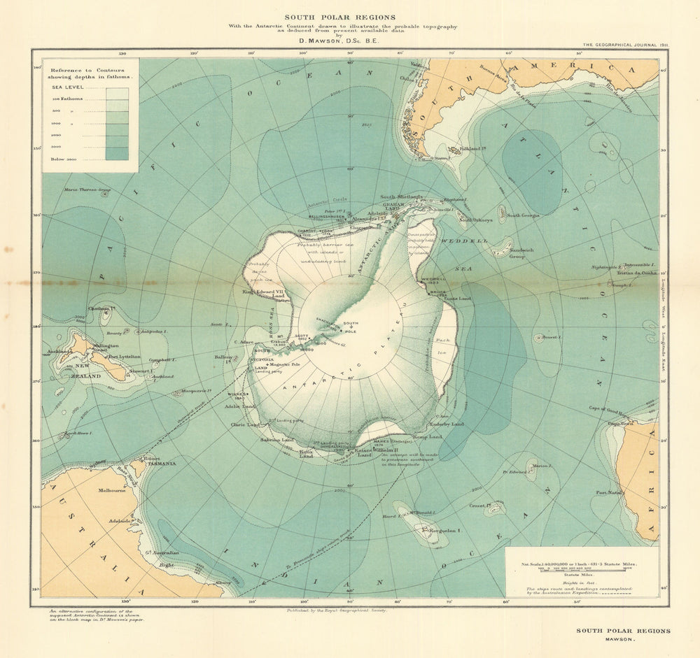 South Polar regions. Antarctic probable topography. Douglas Mawson. RGS 1911 map