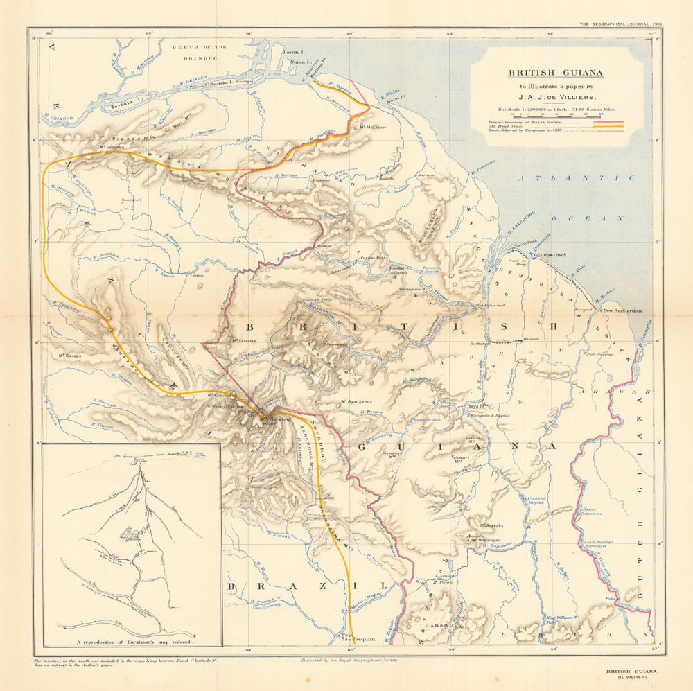 British Guiana. Boundary. Old Dutch claim. Horstman route. Guyana. RGS 1911 map