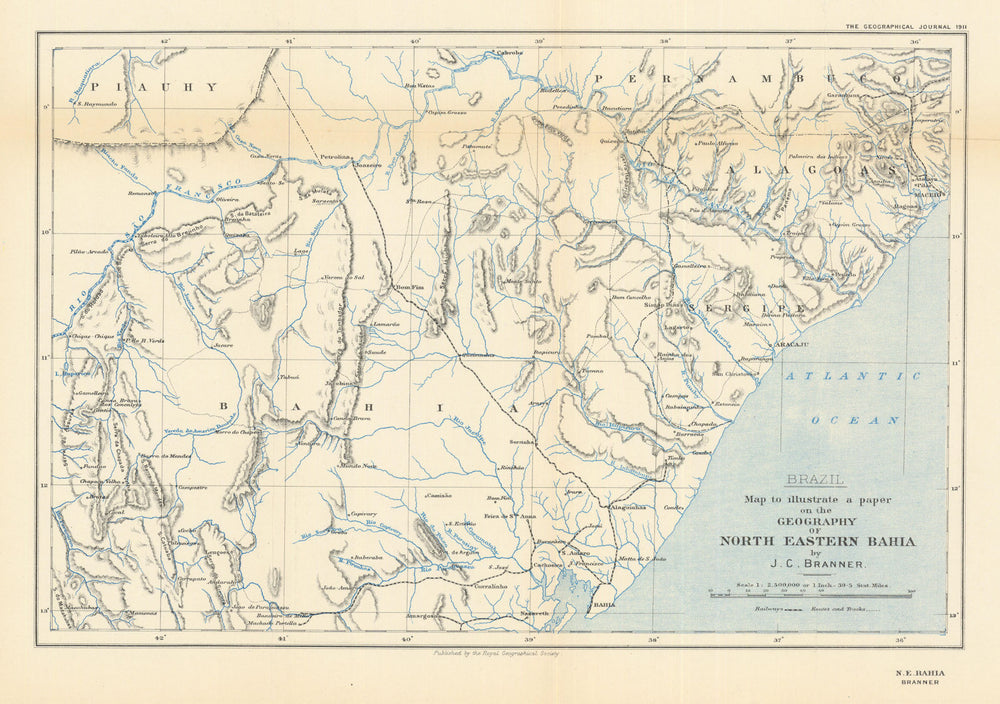 Brazil. Map to illustrate… north east Bahia by John Casper Branner. RGS 1911