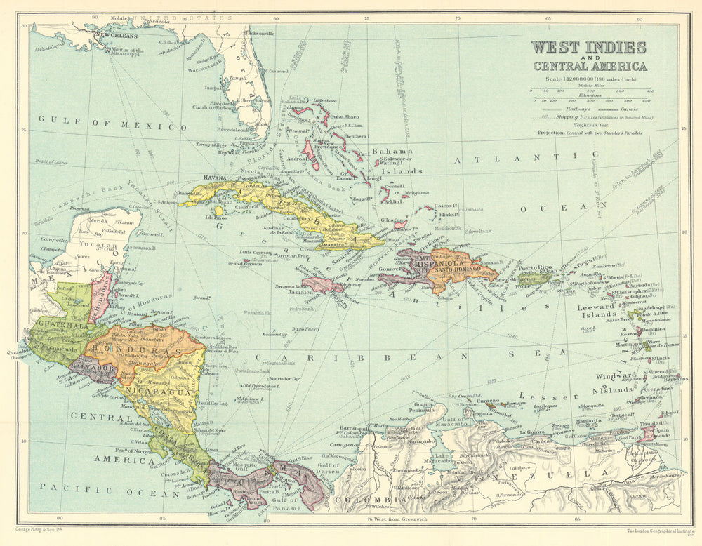 West Indies and Central America by George Philip 1938 old vintage map chart