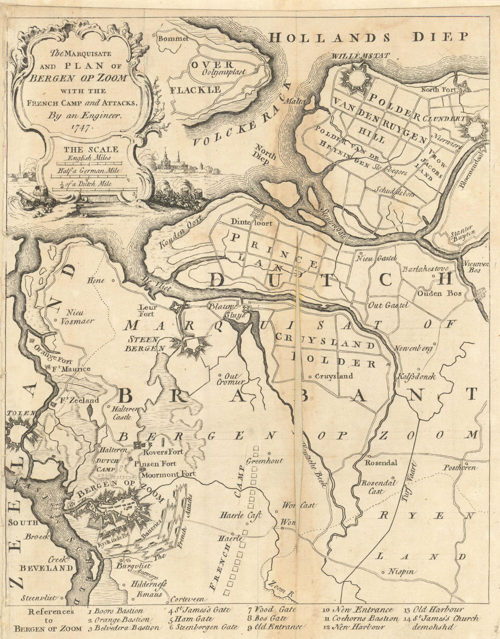 The Marquisate & Plan of Bergen Op Zoom with the French Camp… Gents Mag 1747 map