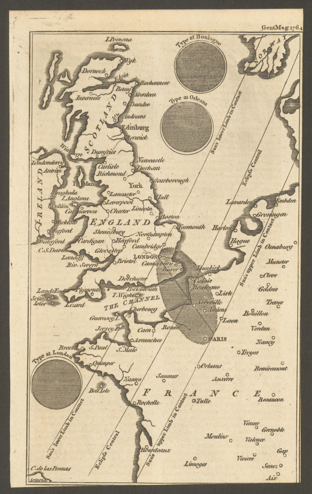 The Solar eclipse of 1 April 1764 across England & France. Gent's Mag 1764 map