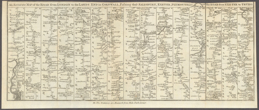 The Road from London to Land's End Salisbury Exeter Plymouth… Gents Mag 1765 map