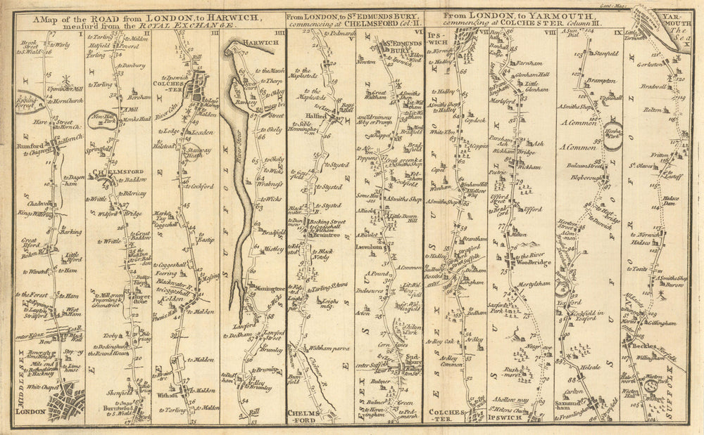 London-Chelmsford-Colchester-Harwich/Yarmouth road strip map Gent's Mag 1766