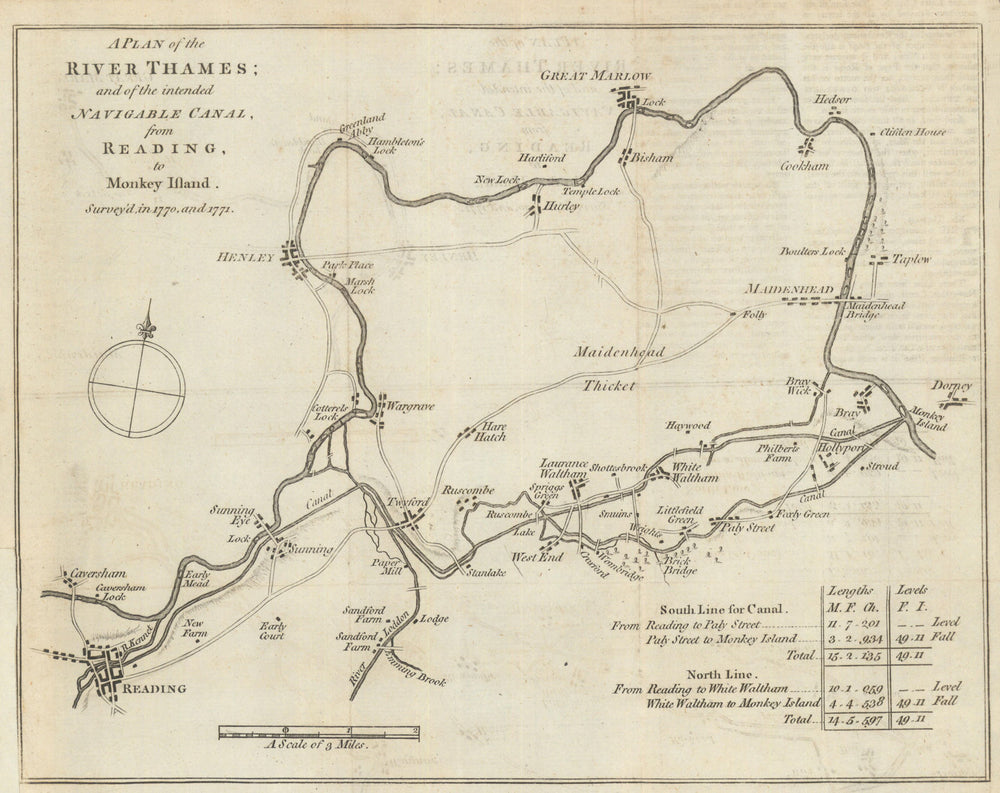 River Thames & intended canal from Reading to Monkey Island. Gent's Mag 1771 map