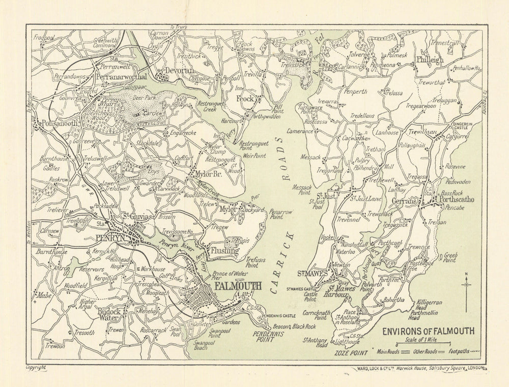 FALMOUTH environs. Carrick Roads Penryn St Mawes. Cornwall. WARD LOCK 1914 map